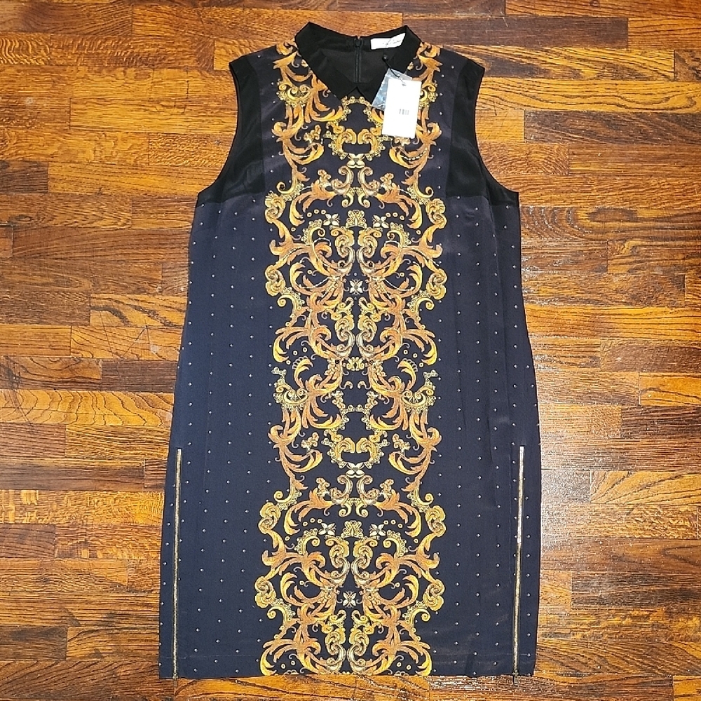 NWT Robert Graham Doreen Black and Gold Sheath Collar Neck Sleeveless Dress